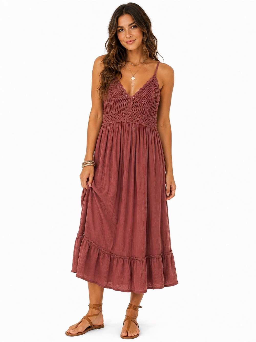 🌺 Blush Crochet Bodice Gauze Midi Dress